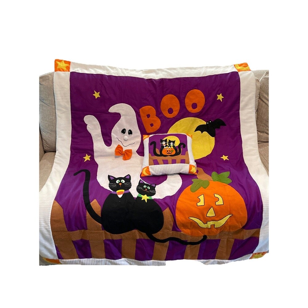 Y2K Halloween Throw Set Kid Friendly Ghost Black Cat Pumpkin Boo Blanket Pillow